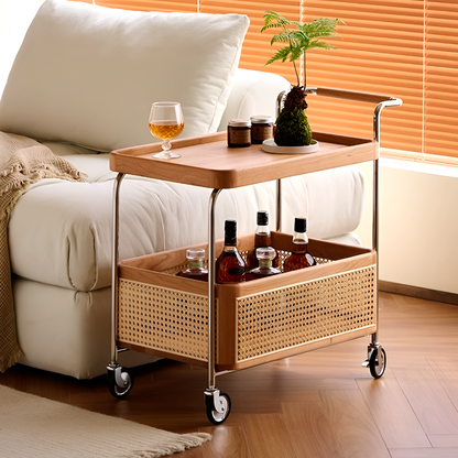 Solid Wood and Steel Mobile Serving Table – Rattan Trolley with Wheels for Dining Room and Living Room