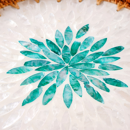 Handmade Rattan and Shell Mosaic Trays – Set of 2 - Coastal Boho Decorative Serving Trays