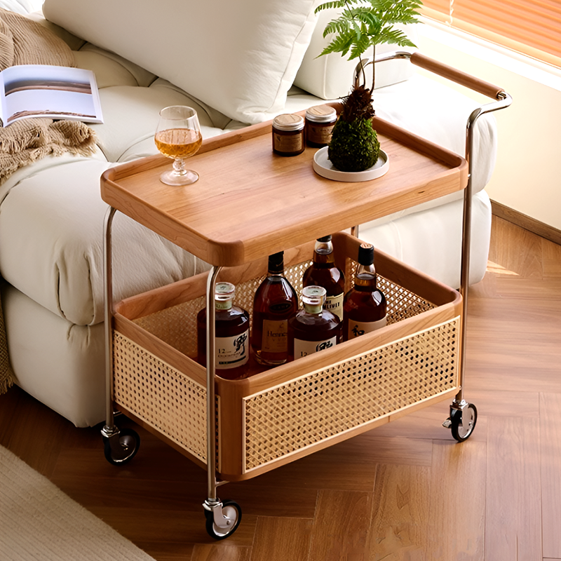Solid Wood and Steel Mobile Serving Table – Rattan Trolley with Wheels for Dining Room and Living Room