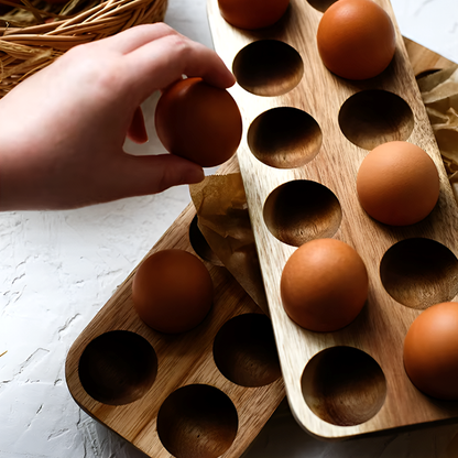 Acacia Wood Double Row Egg Tray – 12-Hole Solid Wood Egg Holder for Kitchen and Refrigerator Storage
