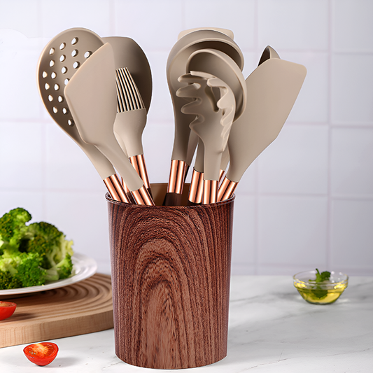 12-Piece Silicone & Wood Grain Kitchen Utensil Set – Heat-Resistant Non-Stick Cooking Tools