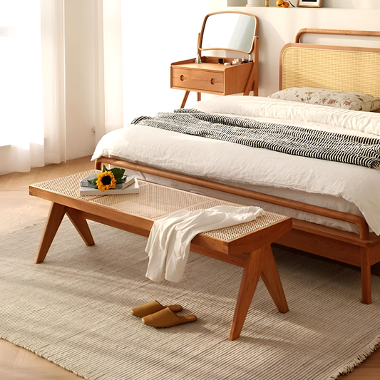 Solid Wood & Rattan Bench – Single or 3-Seater, Walnut, Cherry, Log, Black