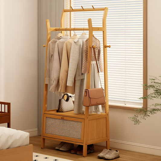 Solid Bamboo Coat Rack with Storage – Floor-Standing Clothes Hanger in Natural or Walnut Finish, 2 Sizes (51.5×40×168cm & 69×40×168cm)