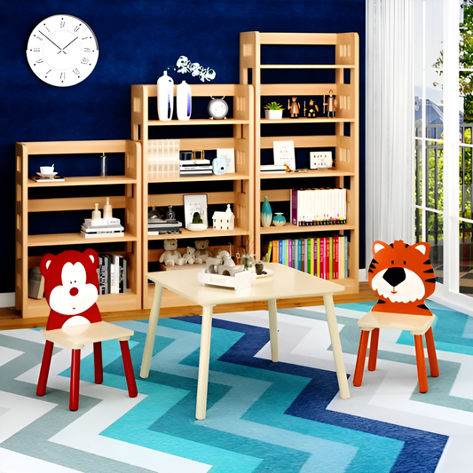 Kids Wooden Table and Chair Set – 3-Piece Animal Theme Activity Furniture (Bear & Tiger) – Child-Sized Play Table for Toddlers & Preschoolers
