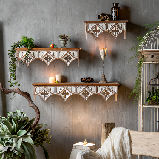 Handcrafted Rustic Wooden Wall Shelf – Vintage Carved Wall Décor for Living Room, Kitchen, or Café