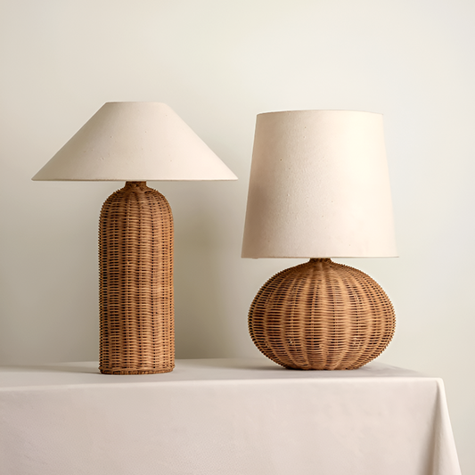 Japanese Style Rattan Bedside Table Lamp - Handmade Woven Nightstand Light for Bedroom And Living Room Décor