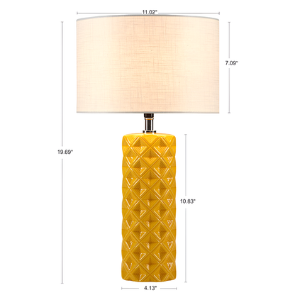 Mid-Century Modern Yellow Ceramic Table Lamp – Geometric Pattern and Fabric Shade
