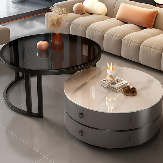 Modern Minimalist Nested Round Coffee Table With Storage Drawers – Light Luxury Small Marble Table for Living Room