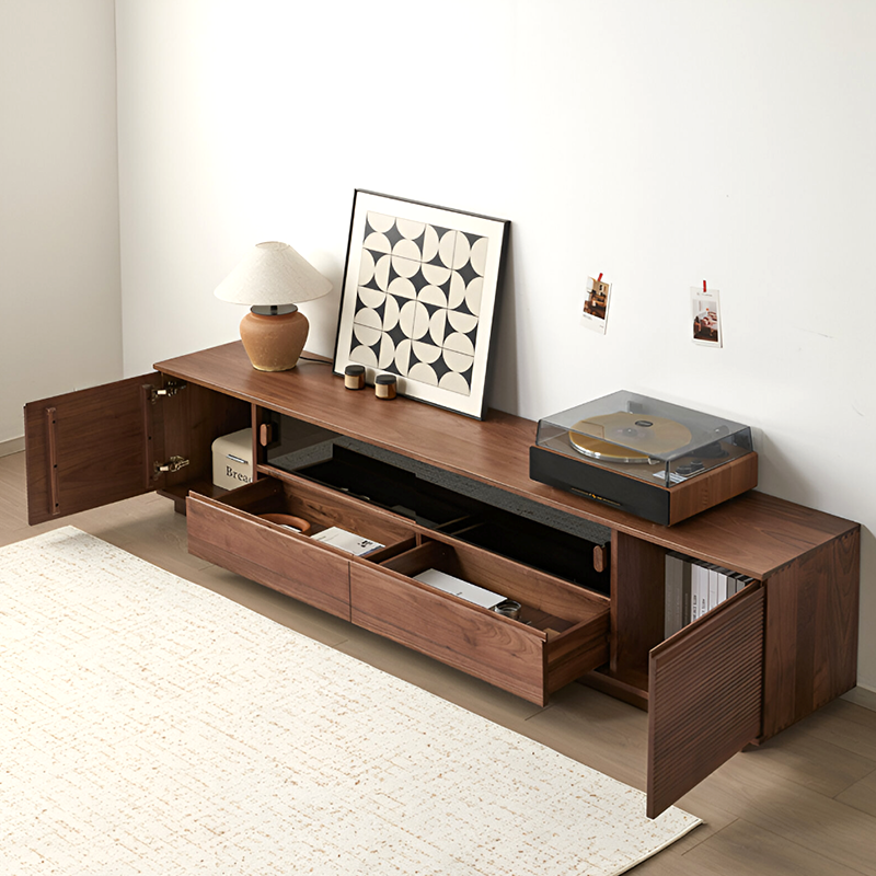 Solid Wood Black Walnut TV Unit – Modern Low Media Console with Storage