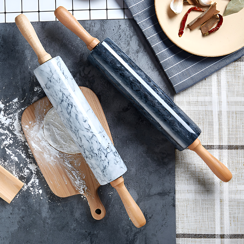 Natural Marble Rolling Pin with Wooden Handles and Base