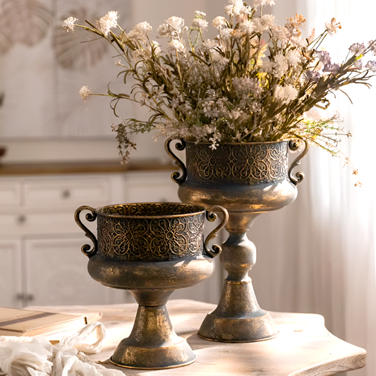 European Retro Iron Flower Pots/Vase - Worn Metal Vintage Style, Matte White And Gold/Copper Finishes, Multiple Sizes