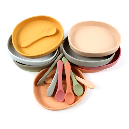 Silicone Baby Feeding Plate and Spoon Set – Oval Non-Slip Dish for Toddlers - Available in 9 Colors