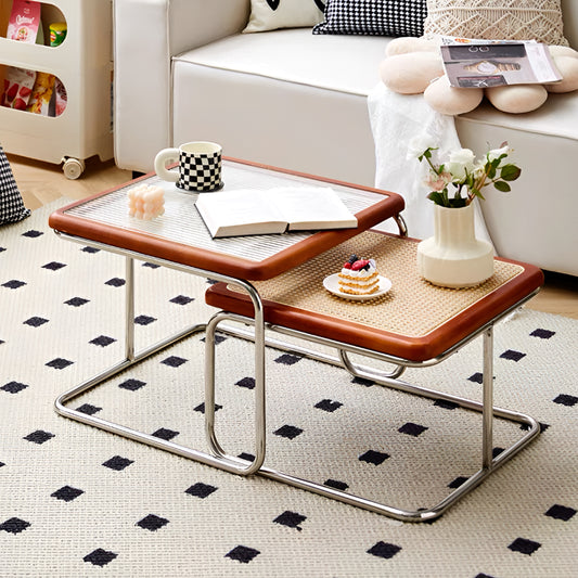 Nordic Nested Coffee Table Set – Solid Wood, Glass and Rattan with Stainless Steel Frame, Modern Antique Style