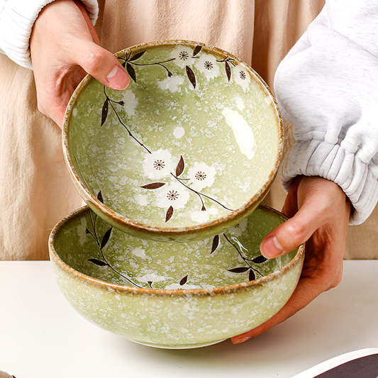 Ceramic Green Cherry Blossom Tableware – Japanese Underglaze Porcelain Bowls & Plates