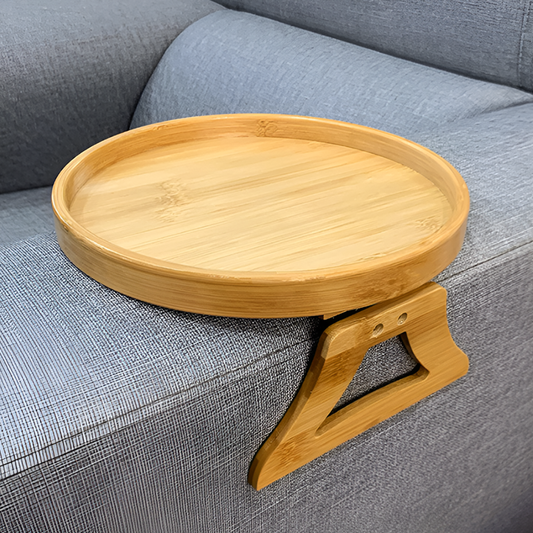 Bamboo Sofa Arm Tray Table – Foldable Round Bamboo Snack and Drink Holder