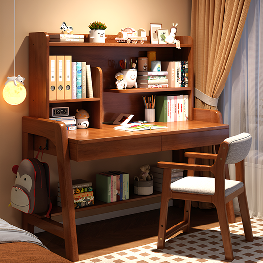 Solid Wood Kids Study Desk and Chair Set with Bookshelf and 2 Storage Drawers, Adjustable Height, 5 Colors, for Home or Bedroom