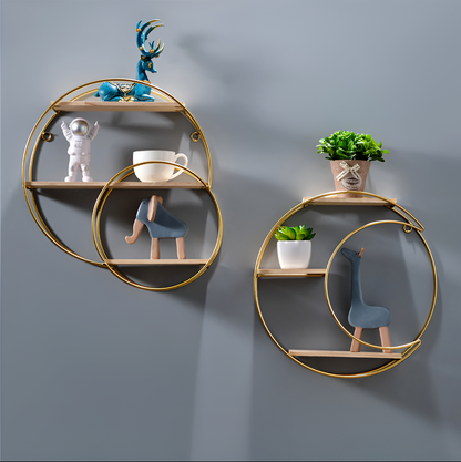 Nordic Round Wall Shelf – Metal & Wood Floating Shelves | Wall Mounted Storage for Living Room, Bedroom, Office, Restaurant, Cafe | Modern Home Decor