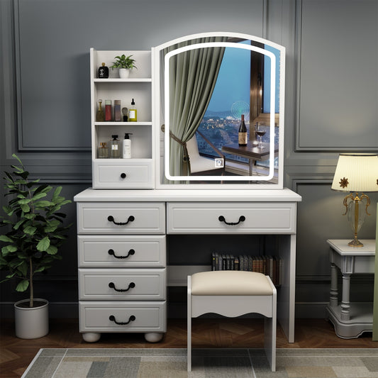 White Vanity Desk with Mirror & LED Lights – Makeup Table Set with 6 Drawers, Adjustable 3-Color Lighting & Storage Shelves