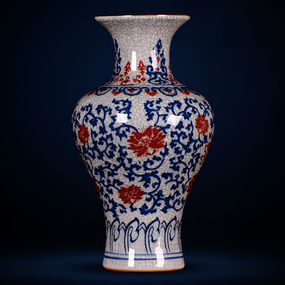Hand-Painted Antique-Style Blue And White Red Lotus Crackle Glaze Ceramic Vase with Wooden Base And Collector’s Certificate