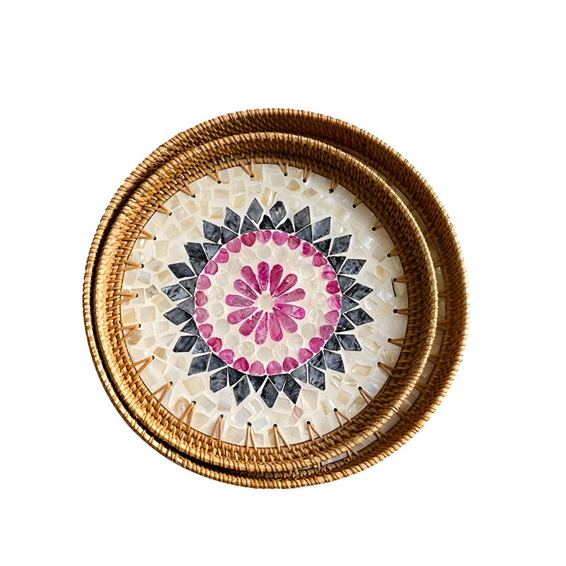 Handmade Rattan and Shell Mosaic Trays – Set of 2 - Coastal Boho Decorative Serving Trays