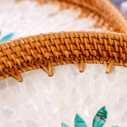 Handmade Rattan and Shell Mosaic Trays – Set of 2 - Coastal Boho Decorative Serving Trays