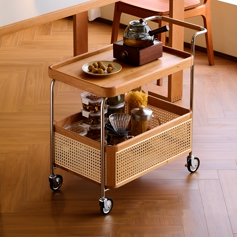 Solid Wood and Steel Mobile Serving Table – Rattan Trolley with Wheels for Dining Room and Living Room