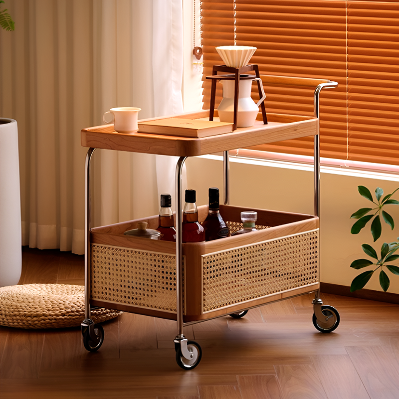 Solid Wood and Steel Mobile Serving Table – Rattan Trolley with Wheels for Dining Room and Living Room
