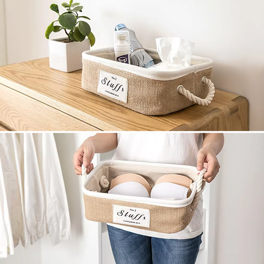 Jute Fabric Organizer Boxes with Rope Handles – For Home, Closet and Living Room