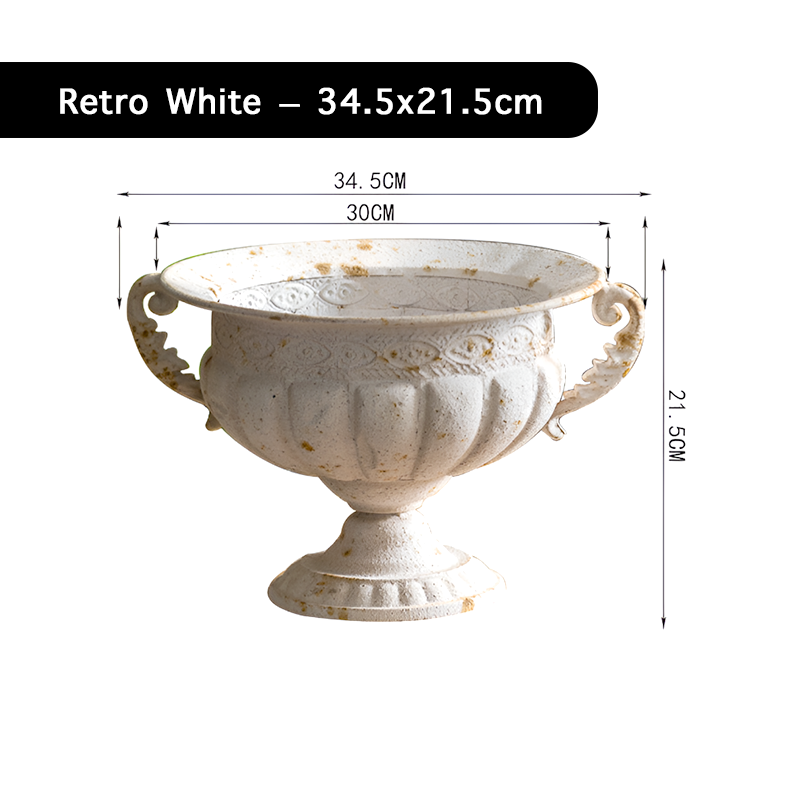 European Retro Iron Flower Pots/Vase - Worn Metal Vintage Style, Matte White And Gold/Copper Finishes, Multiple Sizes