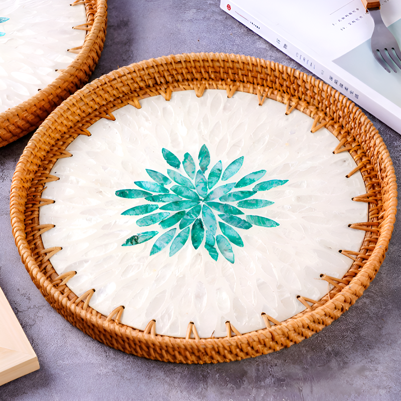 Handmade Rattan and Shell Mosaic Trays – Set of 2 - Coastal Boho Decorative Serving Trays