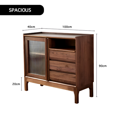 North American Black Walnut Solid Wood Sideboard - Modern Scandinavian Storage Cabinet with Drawers And Glass Door for Living Room