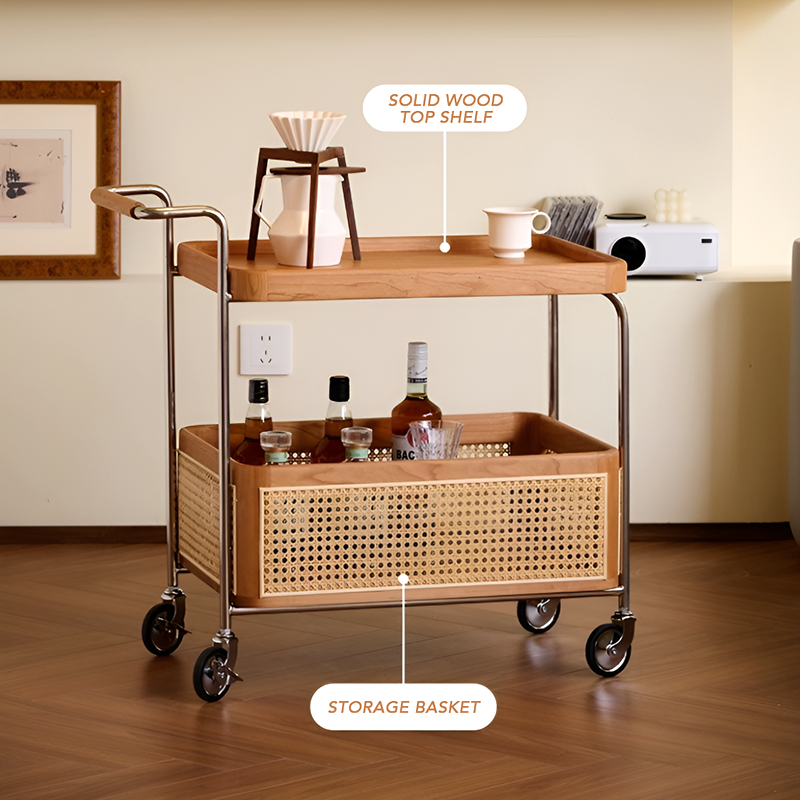 Solid Wood and Steel Mobile Serving Table – Rattan Trolley with Wheels for Dining Room and Living Room
