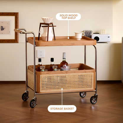 Solid Wood and Steel Mobile Serving Table – Rattan Trolley with Wheels for Dining Room and Living Room