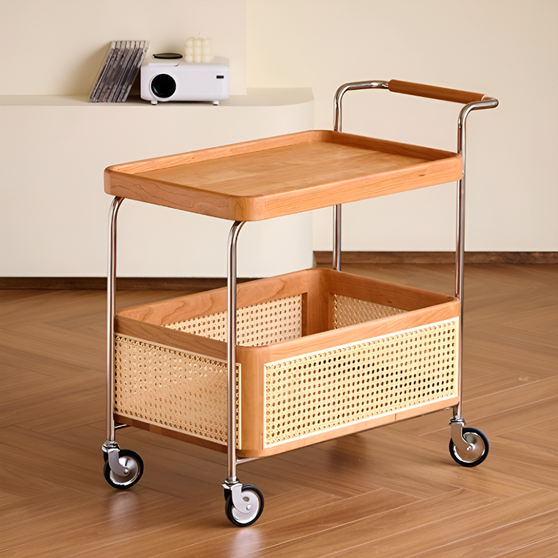 Solid Wood and Steel Mobile Serving Table – Rattan Trolley with Wheels for Dining Room and Living Room