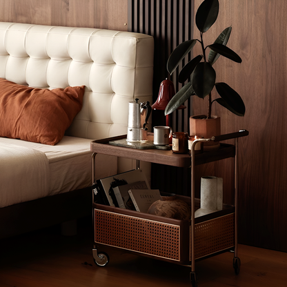 Solid Wood and Steel Mobile Serving Table – Rattan Trolley with Wheels for Dining Room and Living Room
