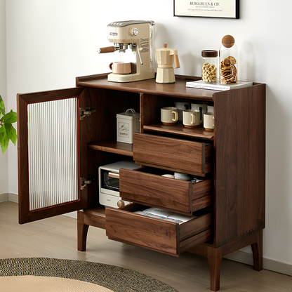 North American Black Walnut Solid Wood Sideboard - Modern Scandinavian Storage Cabinet with Drawers And Glass Door for Living Room