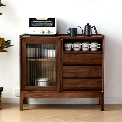 North American Black Walnut Solid Wood Sideboard - Modern Scandinavian Storage Cabinet with Drawers And Glass Door for Living Room