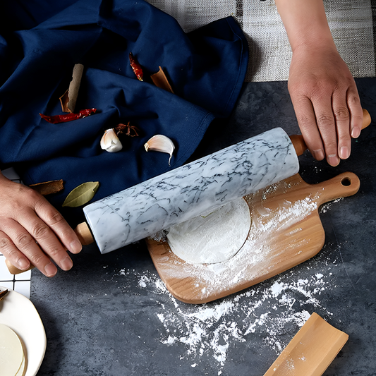 Natural Marble Rolling Pin with Wooden Handles and Base