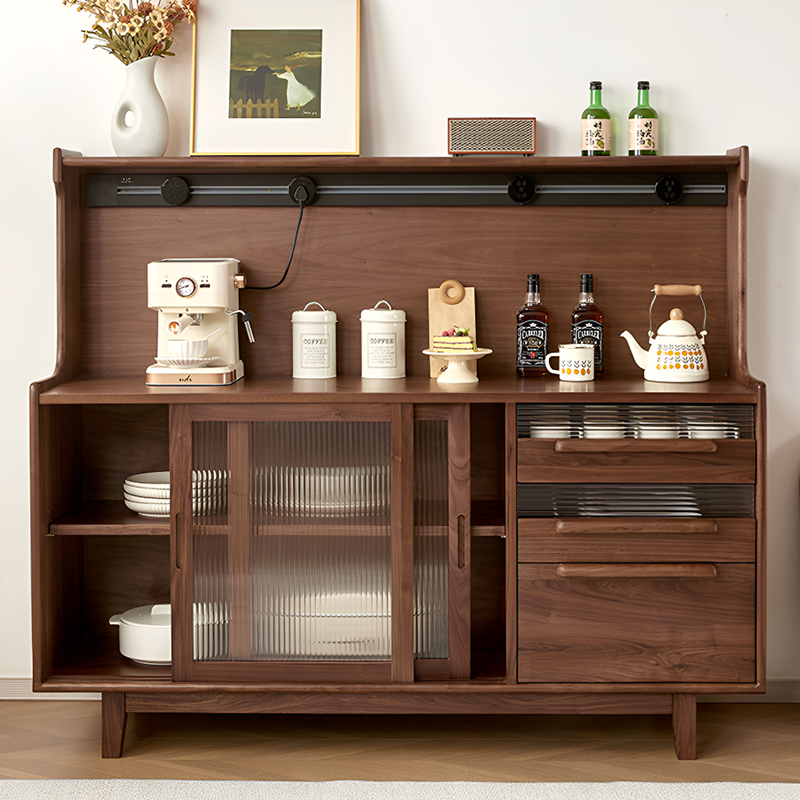Modern North American Black Walnut Storage Cabinet - Solid Wood Sideboard with Sliding Glass Doors