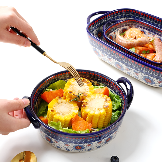 Underglaze Printed Ceramic Baking Tray and Bowl – Floral Porcelain Bakeware (5 Styles)