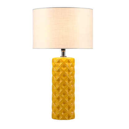 Mid-Century Modern Yellow Ceramic Table Lamp – Geometric Pattern and Fabric Shade