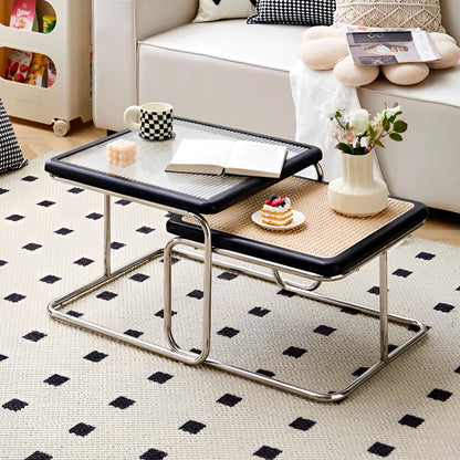 Nordic Nested Coffee Table Set – Solid Wood, Glass and Rattan with Stainless Steel Frame, Modern Antique Style