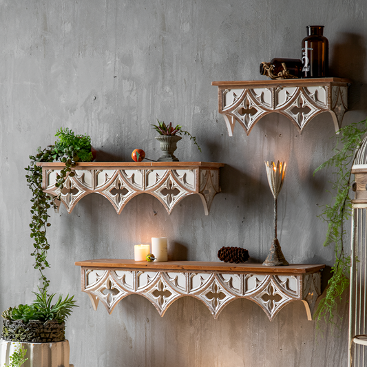 Handcrafted Rustic Wooden Wall Shelf – Vintage Carved Wall Décor for Living Room, Kitchen, or Café