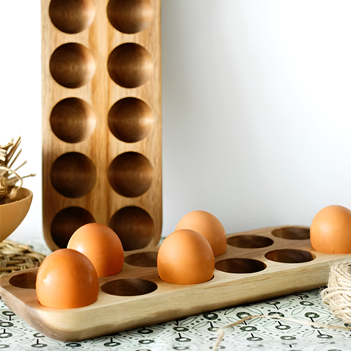Acacia Wood Double Row Egg Tray – 12-Hole Solid Wood Egg Holder for Kitchen and Refrigerator Storage