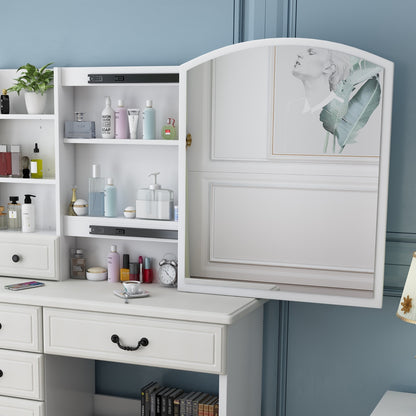 White Vanity Desk with Mirror & LED Lights – Makeup Table Set with 6 Drawers, Adjustable 3-Color Lighting & Storage Shelves