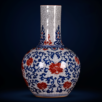 Hand-Painted Antique-Style Blue And White Red Lotus Crackle Glaze Ceramic Vase with Wooden Base And Collector’s Certificate