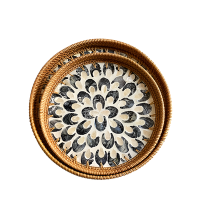 Handmade Rattan and Shell Mosaic Trays – Set of 2 - Coastal Boho Decorative Serving Trays