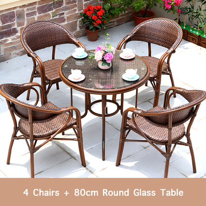Outdoor Rattan Dining Set – French Island Style Patio Chairs & Waterproof Glass Table