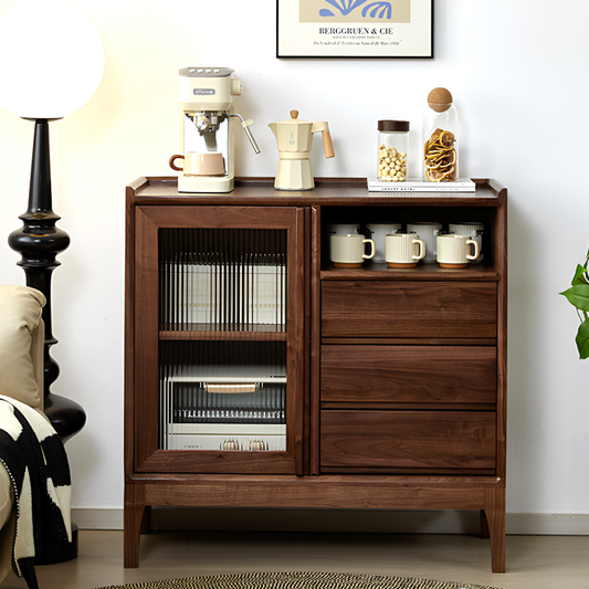 North American Black Walnut Solid Wood Sideboard - Modern Scandinavian Storage Cabinet with Drawers And Glass Door for Living Room