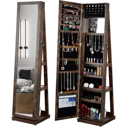 Full Length Mirror Jewelry Cabinet – 360° Swivel Standing Armoire with Storage, Shelves and Lock